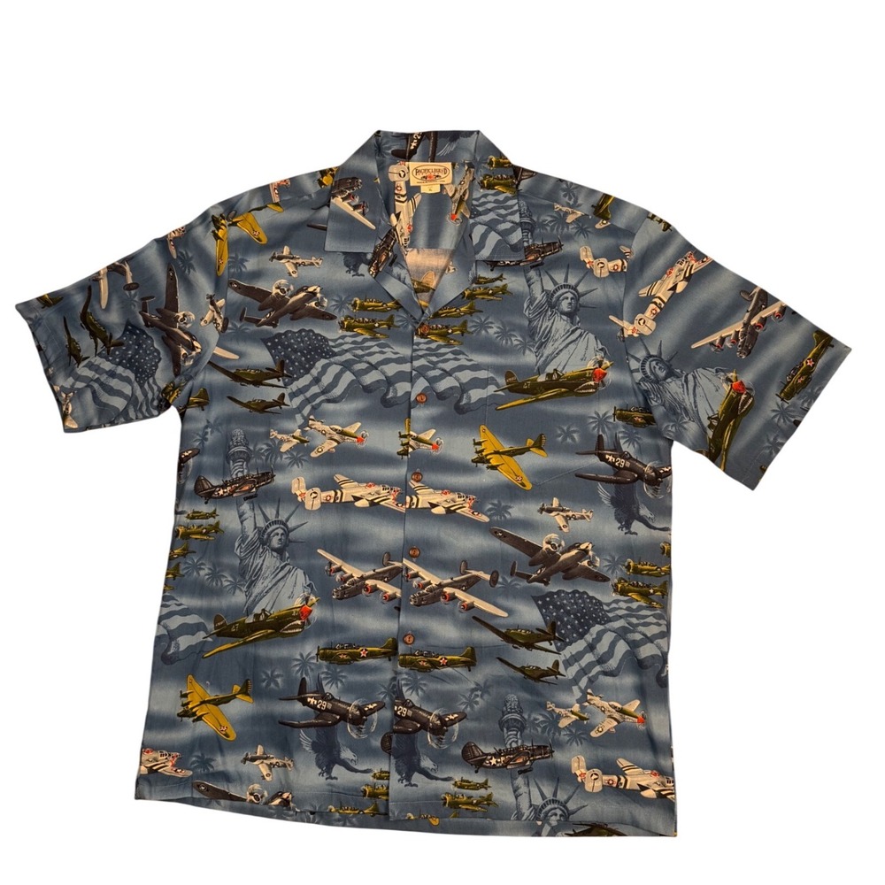 Pacific Legend Hawaiian Shirt Men XL Blue WWII Military Aircraft Planes USA Made